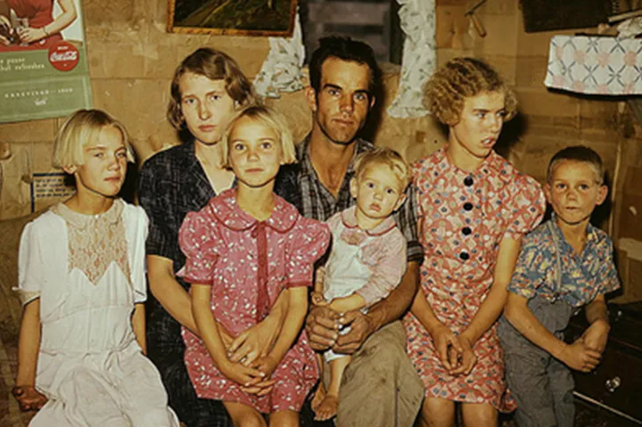 A family wearing clothing made from flour sack fabric